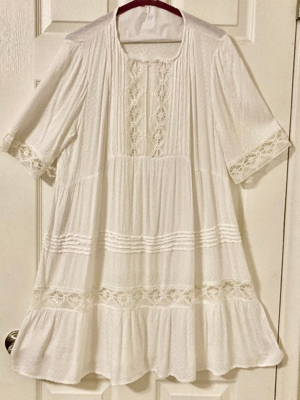 Great Condition, SZ L, Lace Insets, Tiered Mini Dress or Swim Cover Up, White
